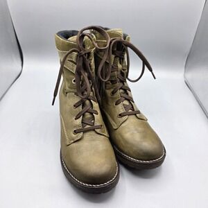 DROMEDARIS Kara Combat Boots Womens 37 Green Leather Zip Moto Heeled Bootie